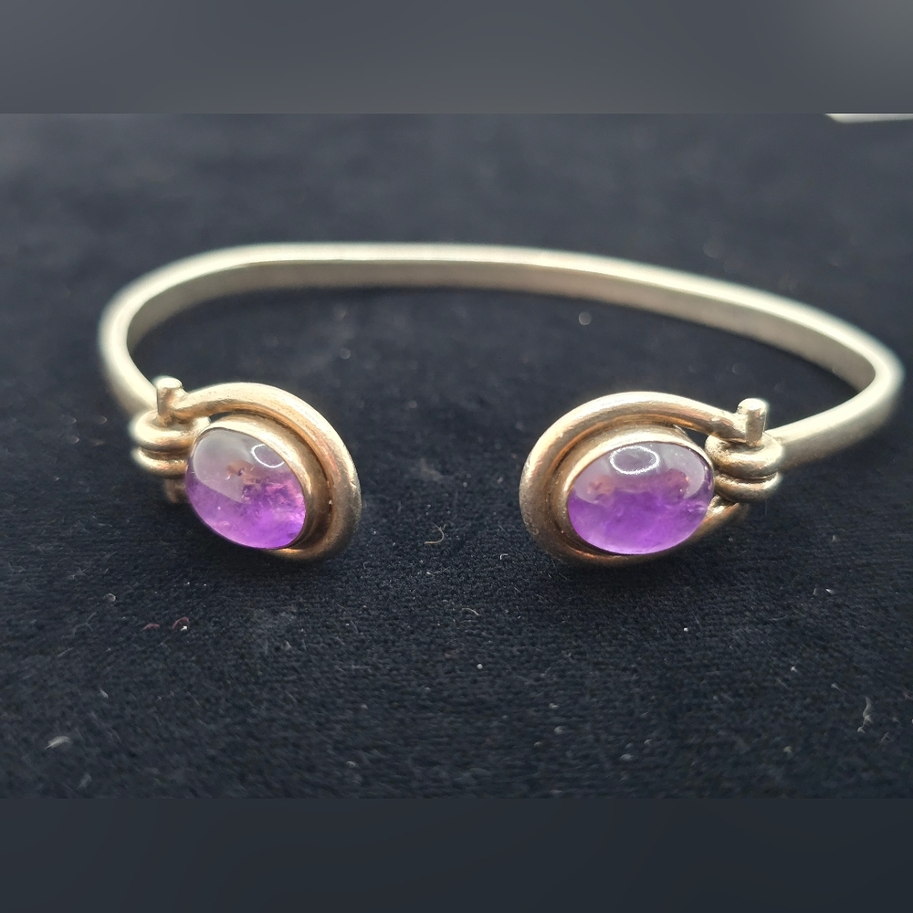 Vintage Sterling Amethyst Bangle Double Stirrup Modern Boho